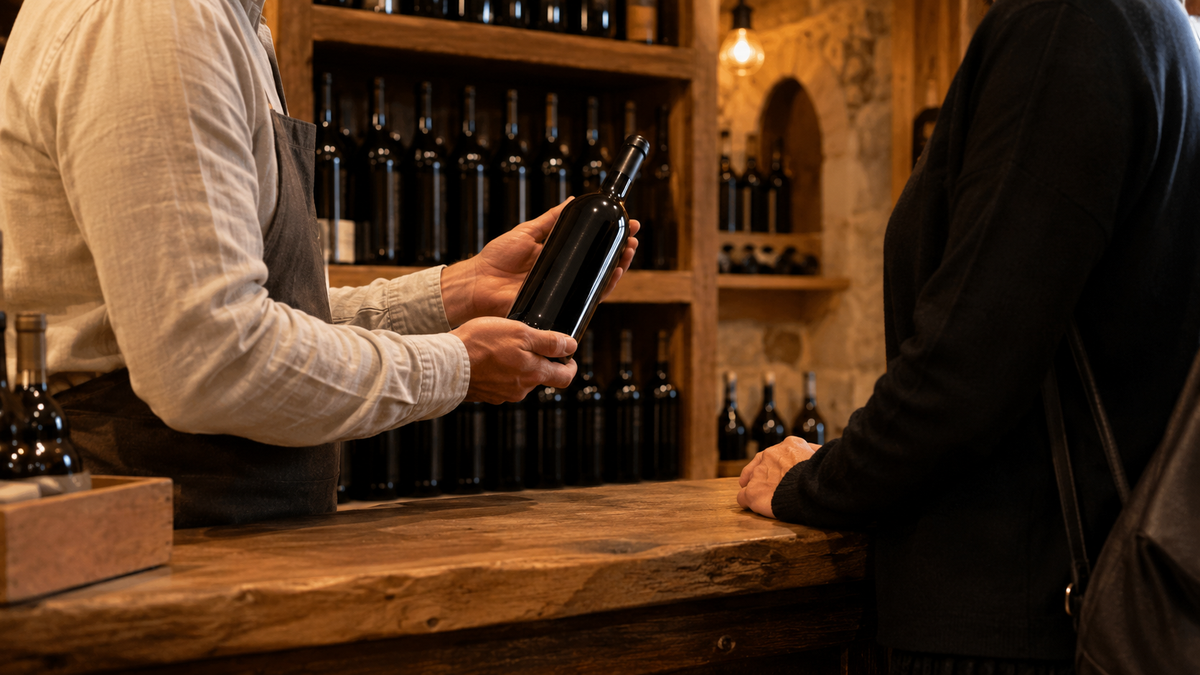 A shop assistant showing a bottle to a customer in a Tbilisi wine shop.