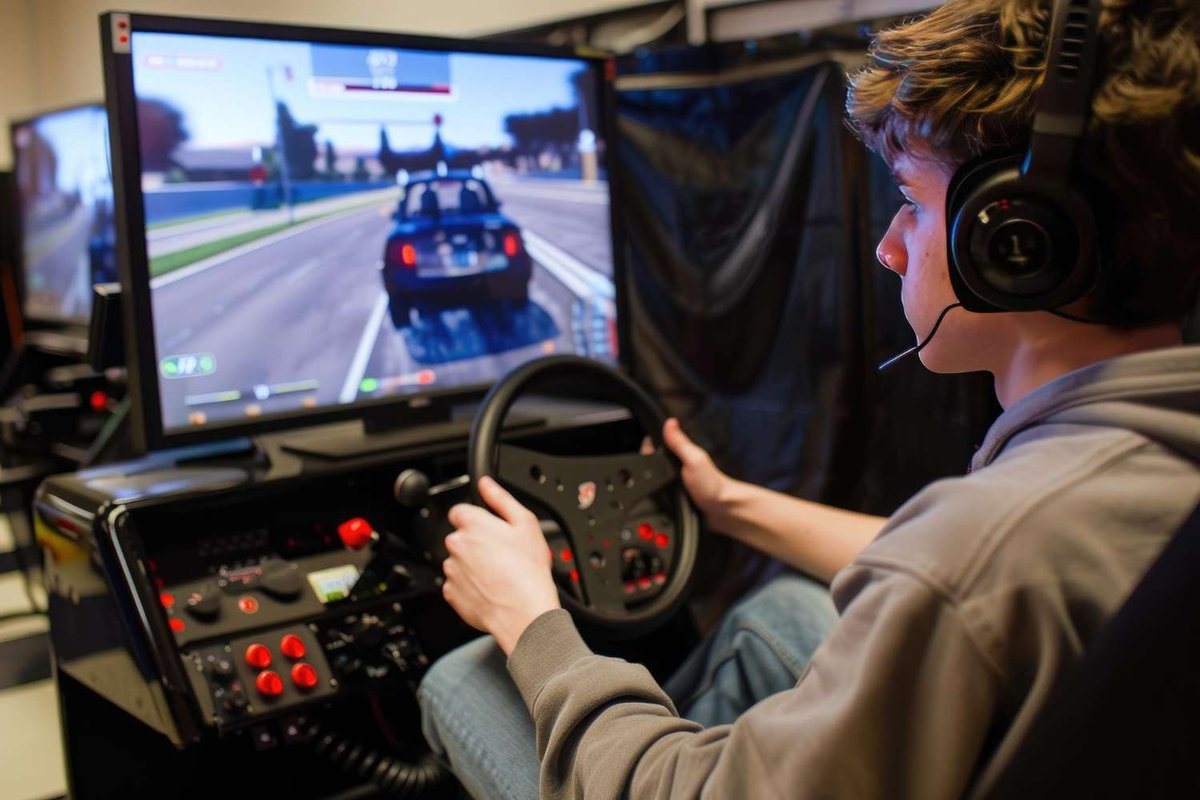 A student uses a driving simulator