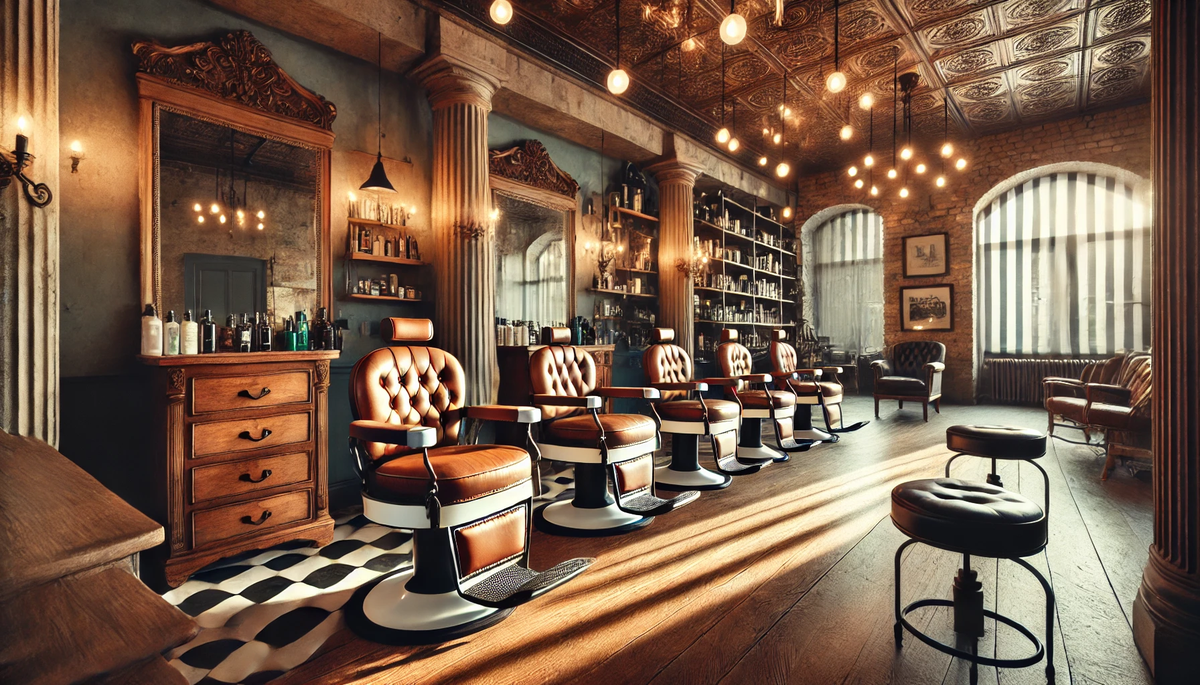 A stylish and atmospheric barbershop in Georgia with vintage interior, wooden chairs, and soft lighting.webp