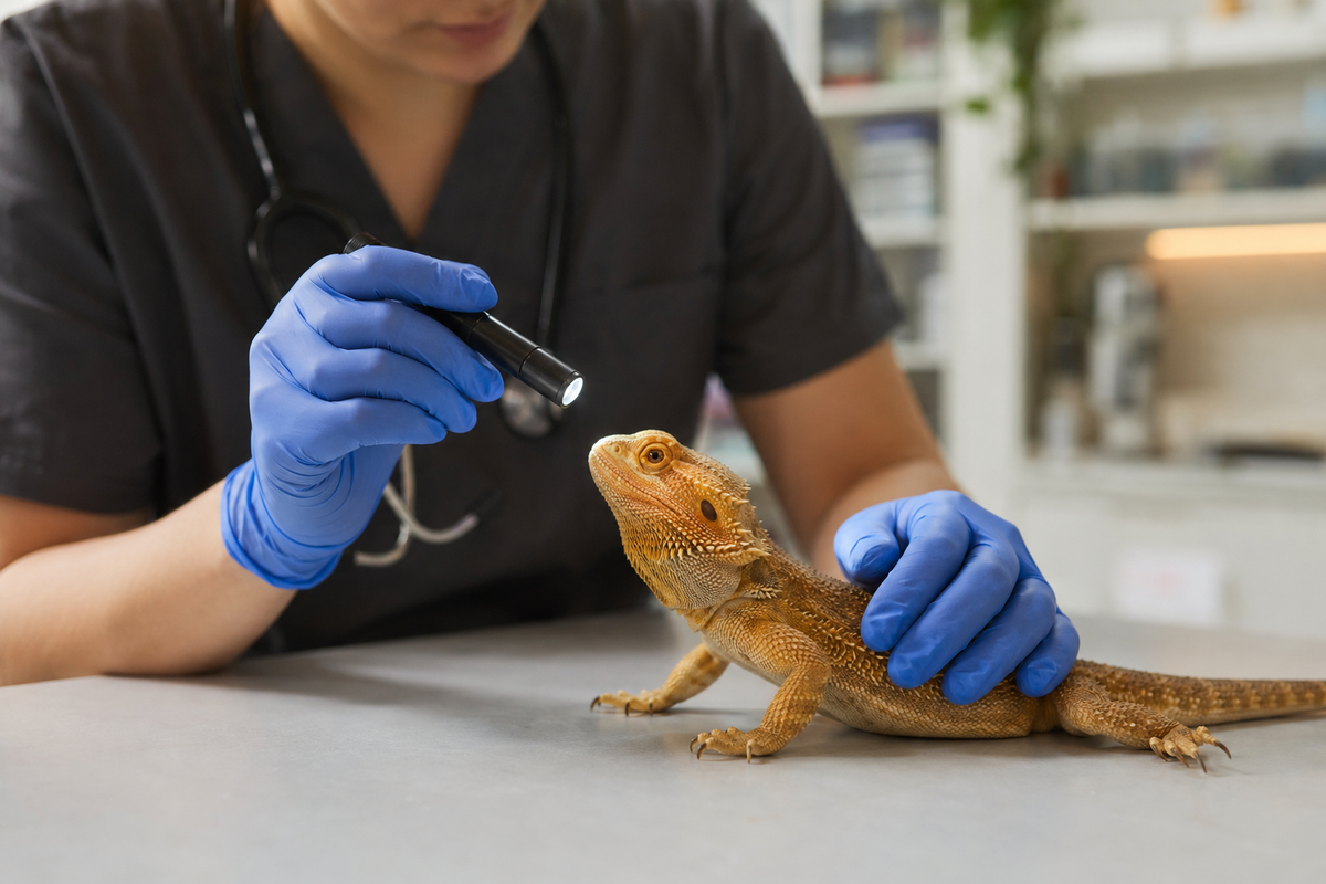 A veterinarian in nitrile gloves gently examining a bearded dragon