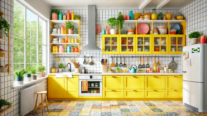 A vibrant IKEA-inspired kitchen with bright yellow cabinets, white countertops, and open shelving displaying colorful dishware and cooking utensils.webp