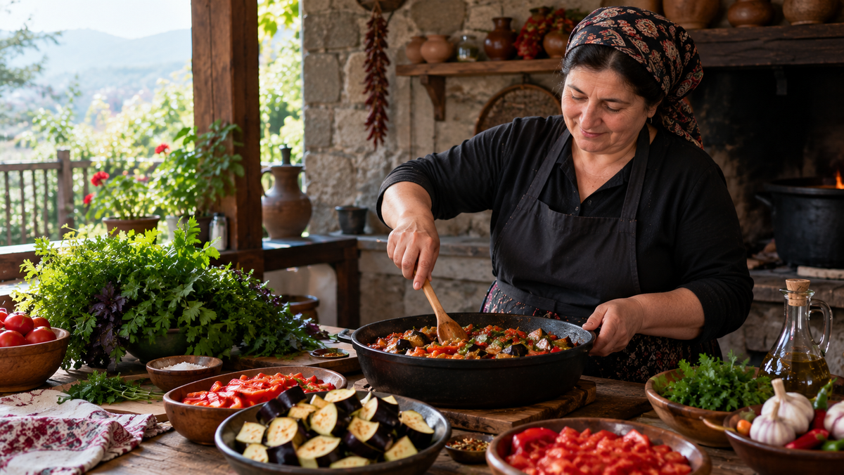 A woman prepares ajapsandali