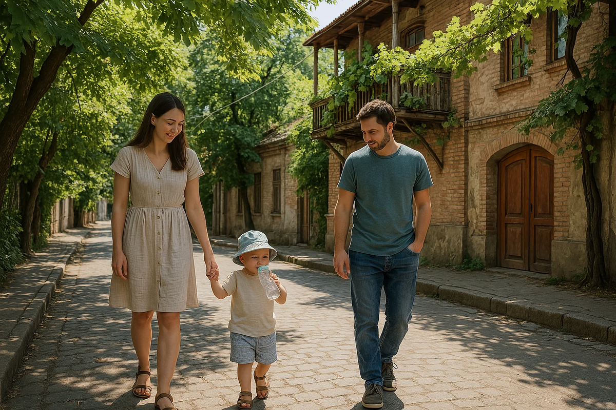 A family strolls through the old town