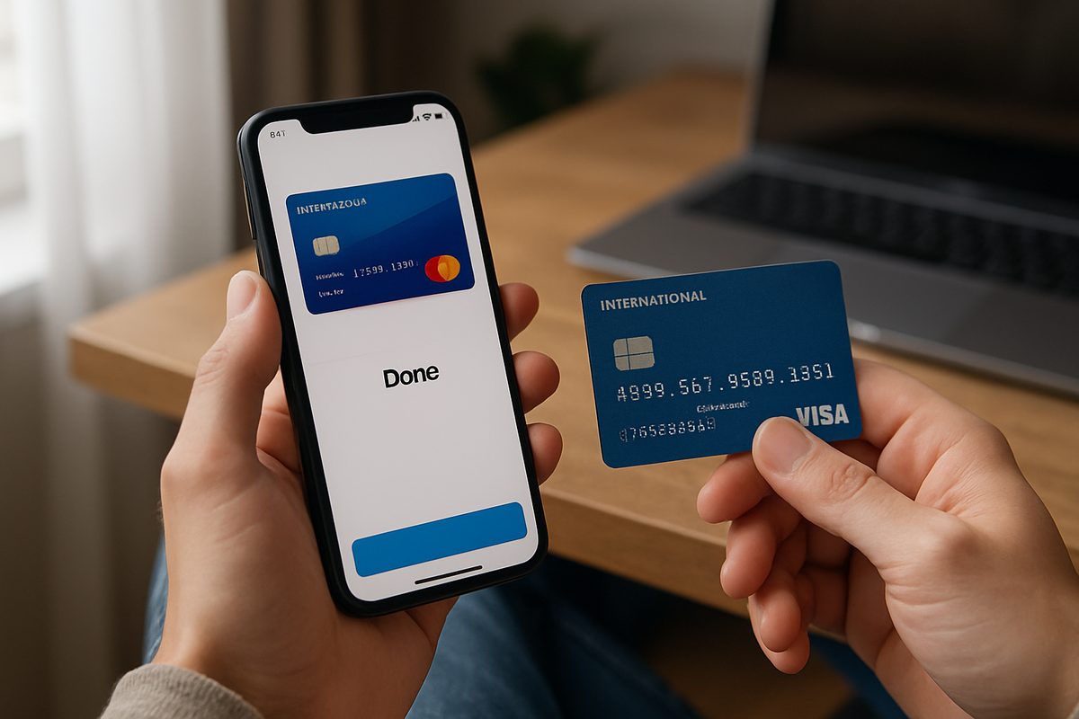 A hand holds a foreign Visa card beside a phone confirming it's been added to a digital wallet, illustrating the setup to complete before departure.