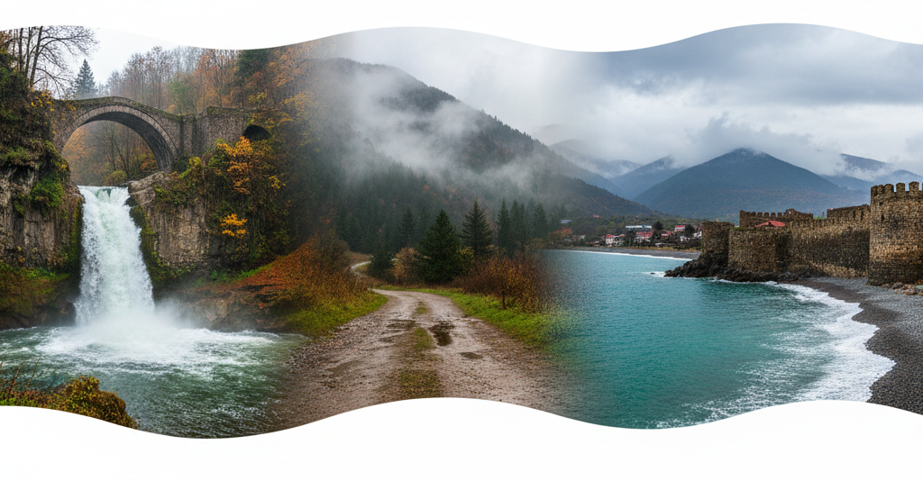 A three-panel journey through Adjara's countryside, from Makhuntseti waterfall and its stone bridge to a misty mountain road and Gonio Fortress on the coast.
