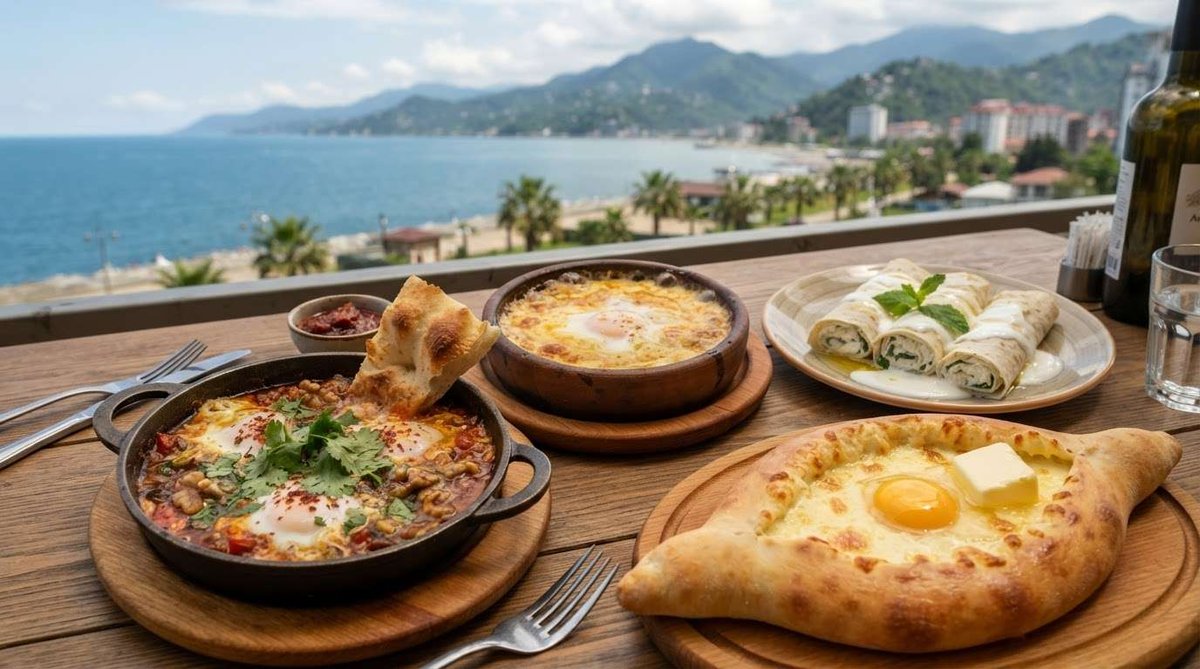 Chirbuli with walnuts, borano in a clay dish, cheese-filled sinori rolls, and an Adjaran khachapuri with egg and butter on a terrace table facing the Black Sea coastline.