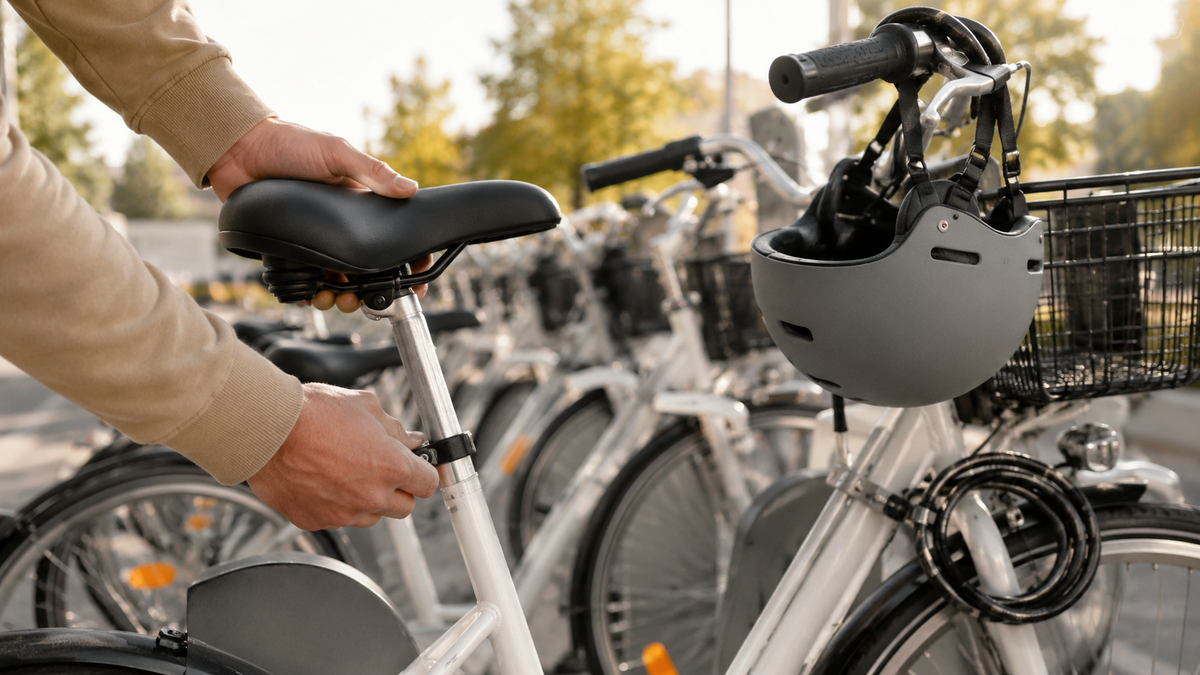 Adjusting the saddle of a bike at a rental point in Batumi.