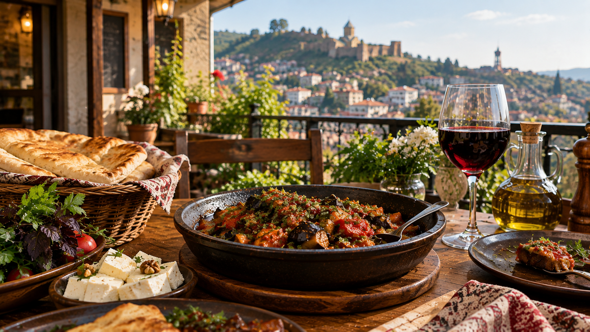 A dark skillet of ajapsandali sits on an outdoor table with bread, cheese, olive oil, and a glass of red wine, overlooking Narikala Fortress and the old town rooftops.