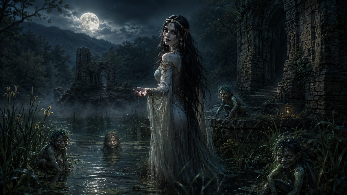 Dark atmospheric illustration of Ali and Chinka from Georgian folklore, showing a mysterious female spirit by moonlit water near old ruins, surrounded by small mischievous water spirits, misty forest, reeds, and a haunting night landscape.