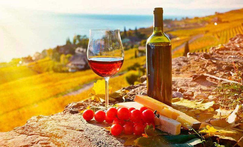 Вино и сыр на фоне заката в Грузии
