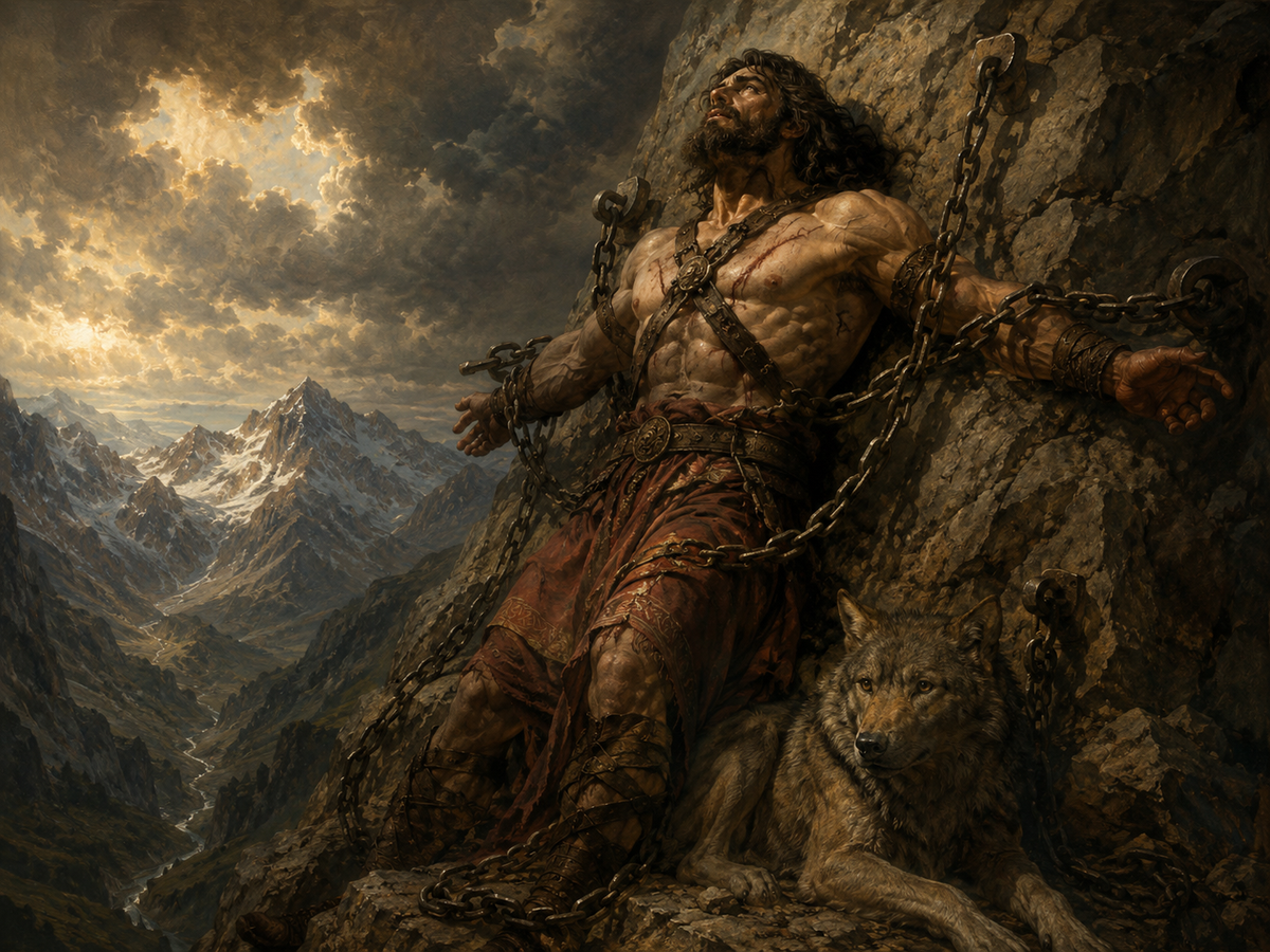 Dramatic mythological illustration of Amirani, the hero of the Georgian epic, chained to a rocky mountain in the Caucasus, with storm clouds, snowy peaks, and a loyal dog beside him.