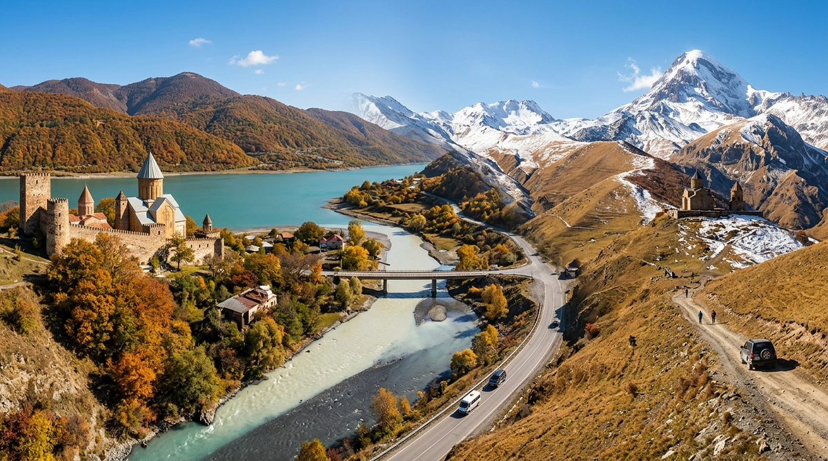 the turquoise waters of the Zhinvali reservoir and Ananuri fortress lead north along the Georgian Military Highway toward Gergeti Church and snow-capped Mount Kazbek.