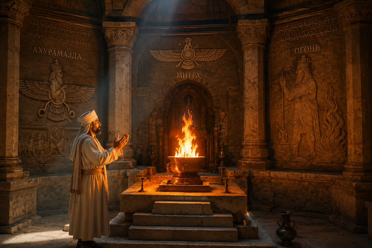 A reconstruction of the ancient fire cult and Zoroastrian beliefs that once shaped the spiritual life of Nekresi.