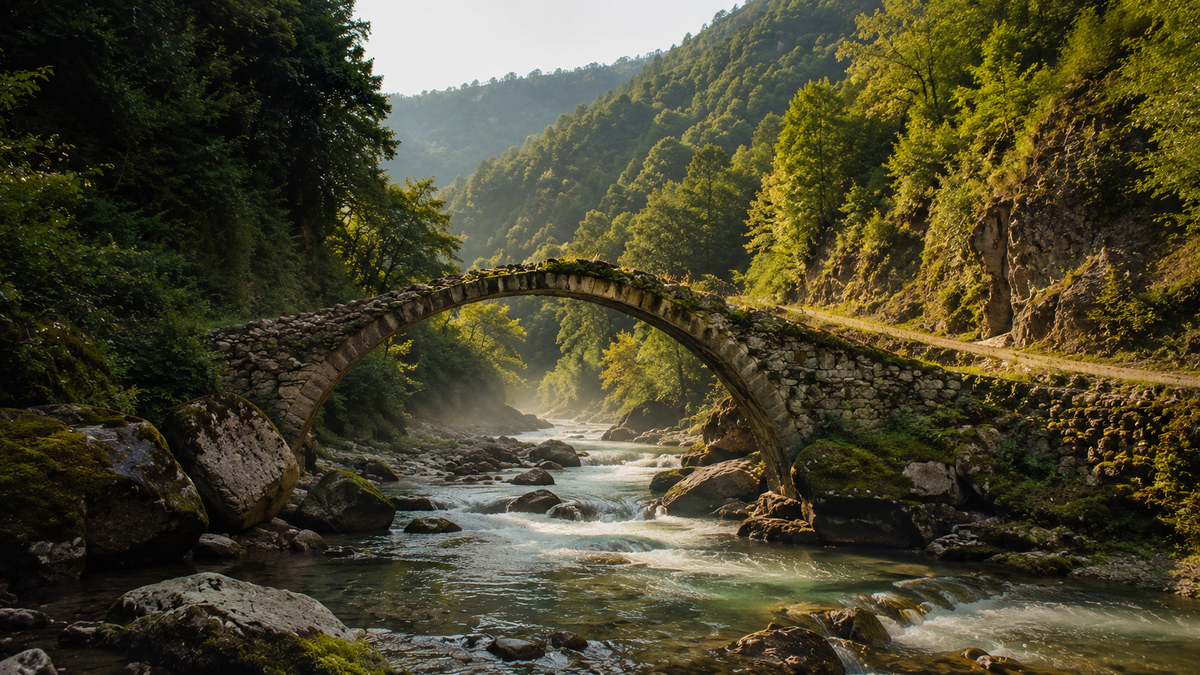 A quiet mountain river flows beneath an old arched stone bridge in the green valleys of Adjara.