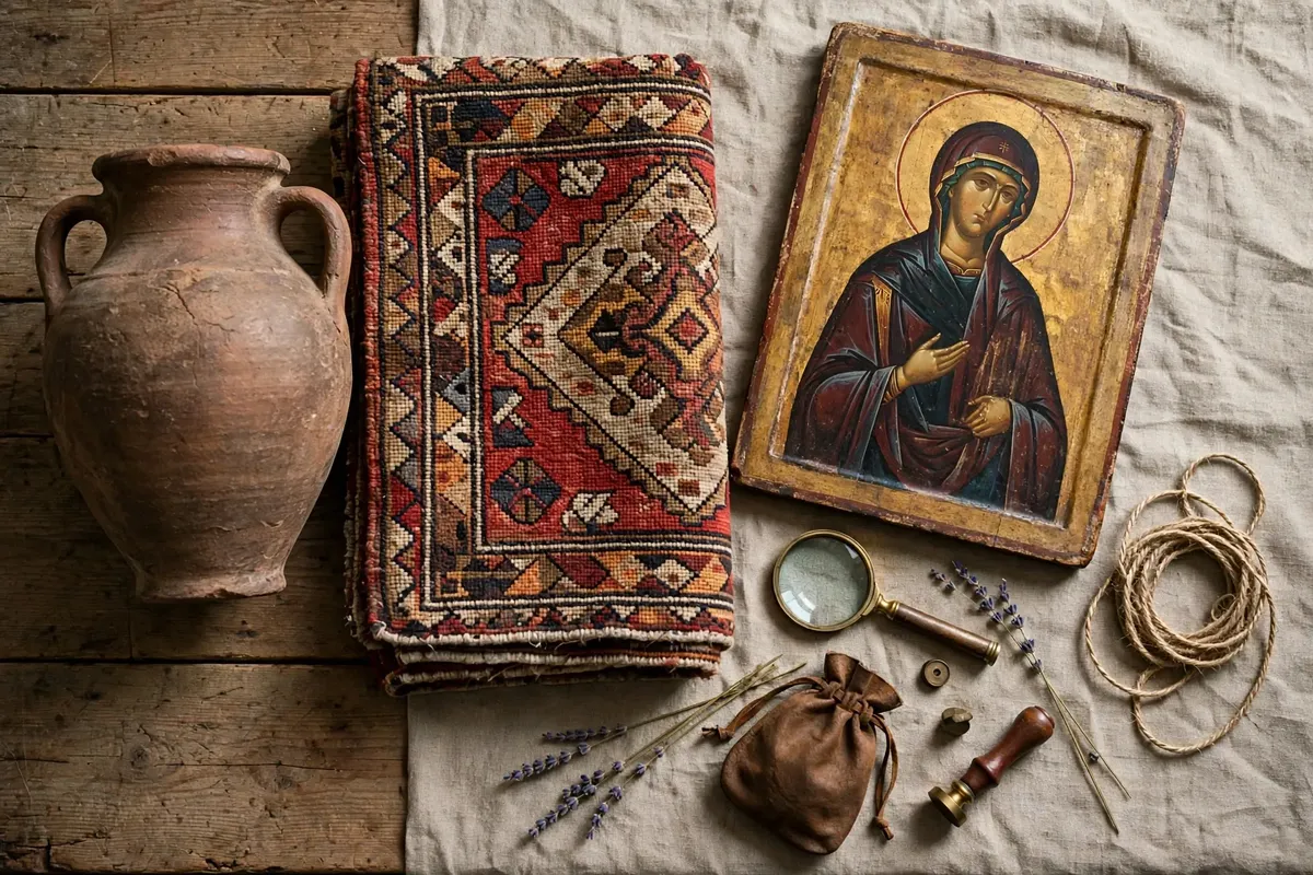 A gilded religious icon, a folded antique rug, a terracotta amphora, and appraisal tools including a magnifying glass, wax seal, and twine arranged on a rustic table.
