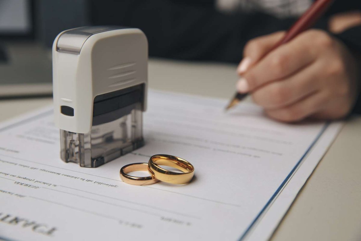 Two gold wedding rings rest beside a stamp next to a document a person is signing with a pen, for official recognition of a Georgian divorce abroad.
