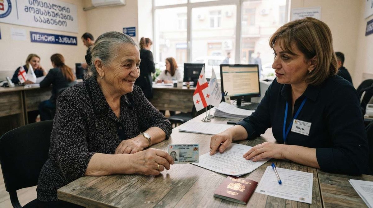 An elderly woman shows her ID card to a staff member across a desk with a Georgian flag, passport, and documents at a social services center.