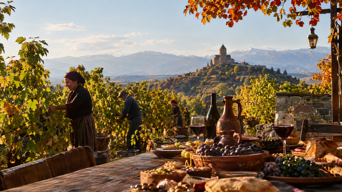 A warm autumn vineyard scene in Georgia, celebrating the grape harvest, traditional feast, and rich seasonal landscapes.