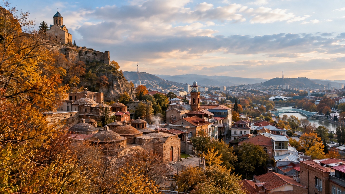 Domed sulfur bathhouses and the historic old town glow in golden autumn light beneath Narikala Fortress, with the river and Bridge of Peace visible in the distance.