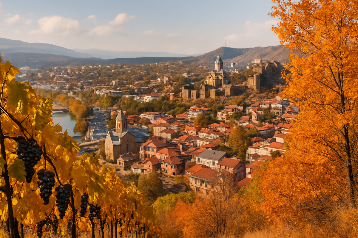 Golden autumn vine leaves and dark grape clusters frame a hillside view over Old Tbilisi's rooftops, churches and the Narikala fortress.