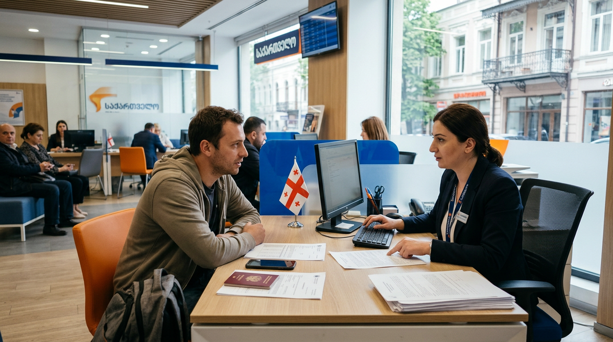 A man presenting his passport and documents to a bank representative at a desk with a Georgian flag, inside a branch with other customers waiting nearby.