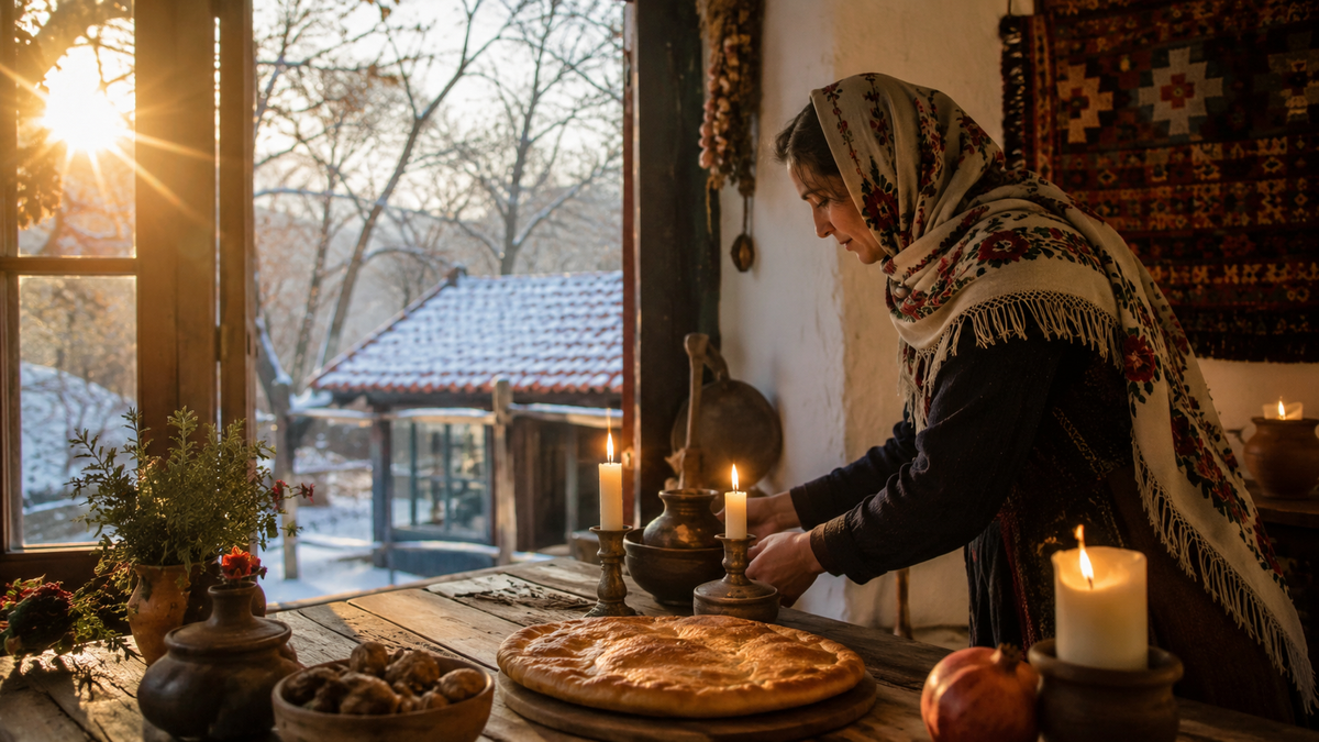 A warm Georgian winter scene with candles, lobiani and soft sunlight, reflecting Barbaroba’s family traditions and symbolic connection with renewal.
