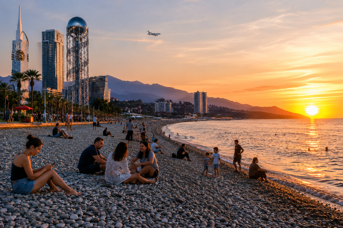 Batumi’s pebble beach as a city living room: sea, cafes, skyline, sunset walks and everyday seaside life.