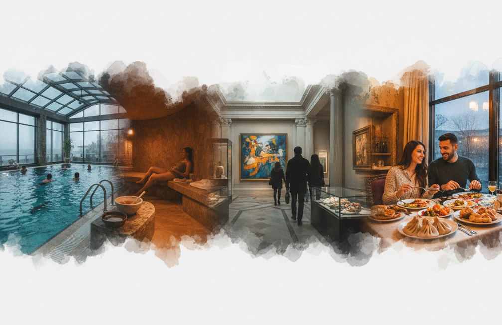 A three-panel escape from the rain, an indoor spa pool with sea views, visitors browsing a gallery, and a couple sharing a Georgian meal by a rain-streaked window.