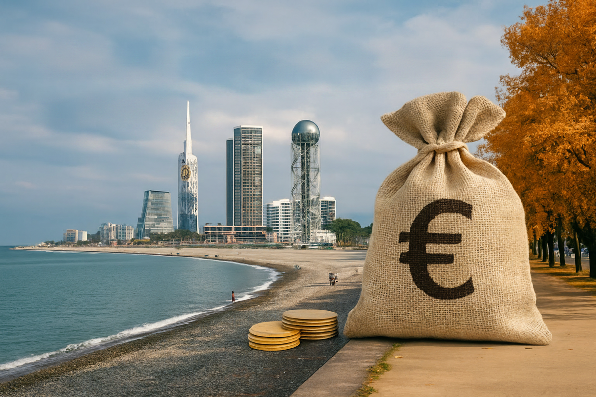 A burlap sack of euros and gold coins sits along the boardwalk overlooking Batumi's beach and skyline, symbolizing October's off-season price drop.