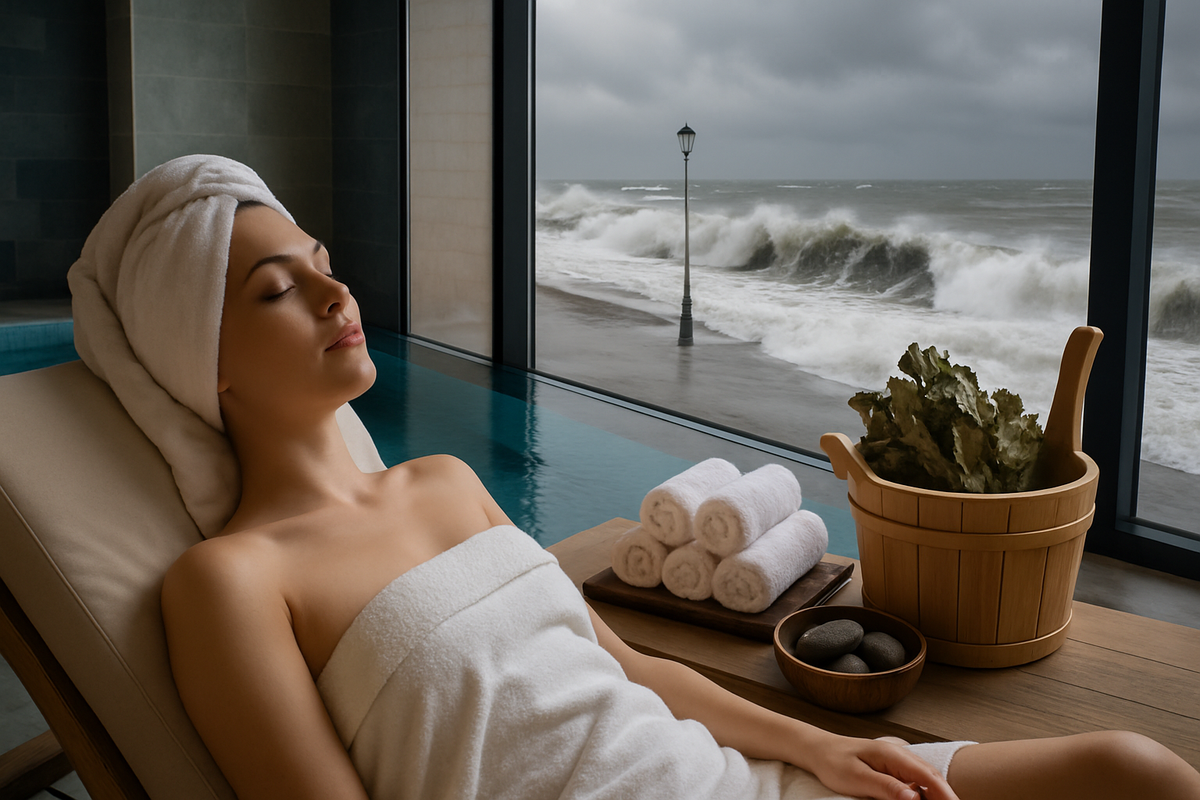 A woman relaxes poolside wrapped in towels as dramatic autumn waves crash along the Batumi promenade beyond the window.
