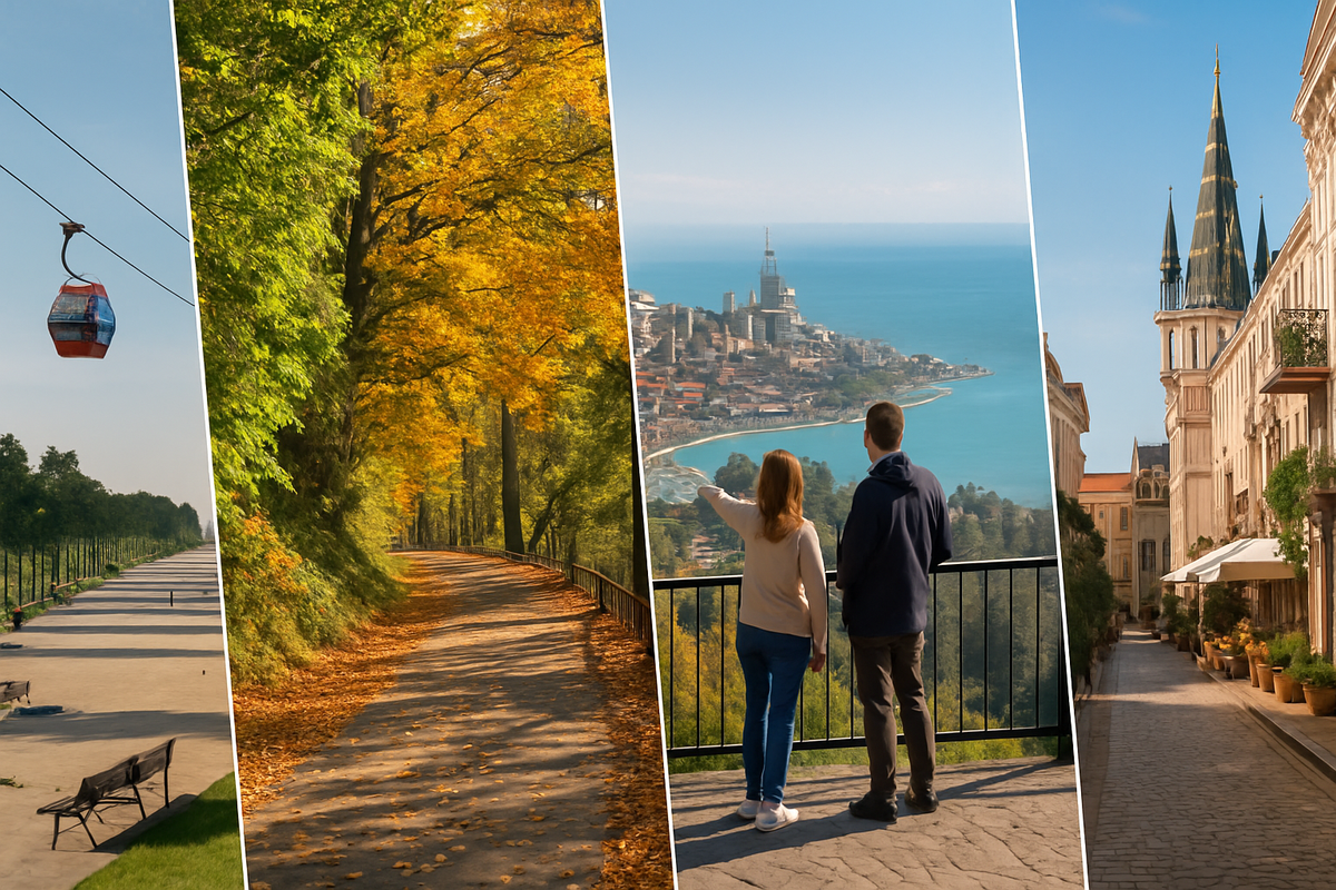 a four-panel view of Batumi's quiet moods in October, from the empty seaside boulevard and golden Botanical Garden path to the Argo cable car overlook and Old Town's cobbled streets.