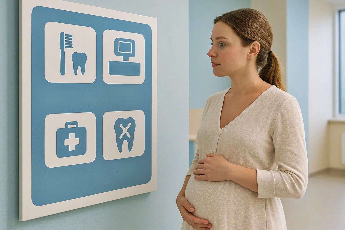 Беременная девушка смотрит постер в стоматологии