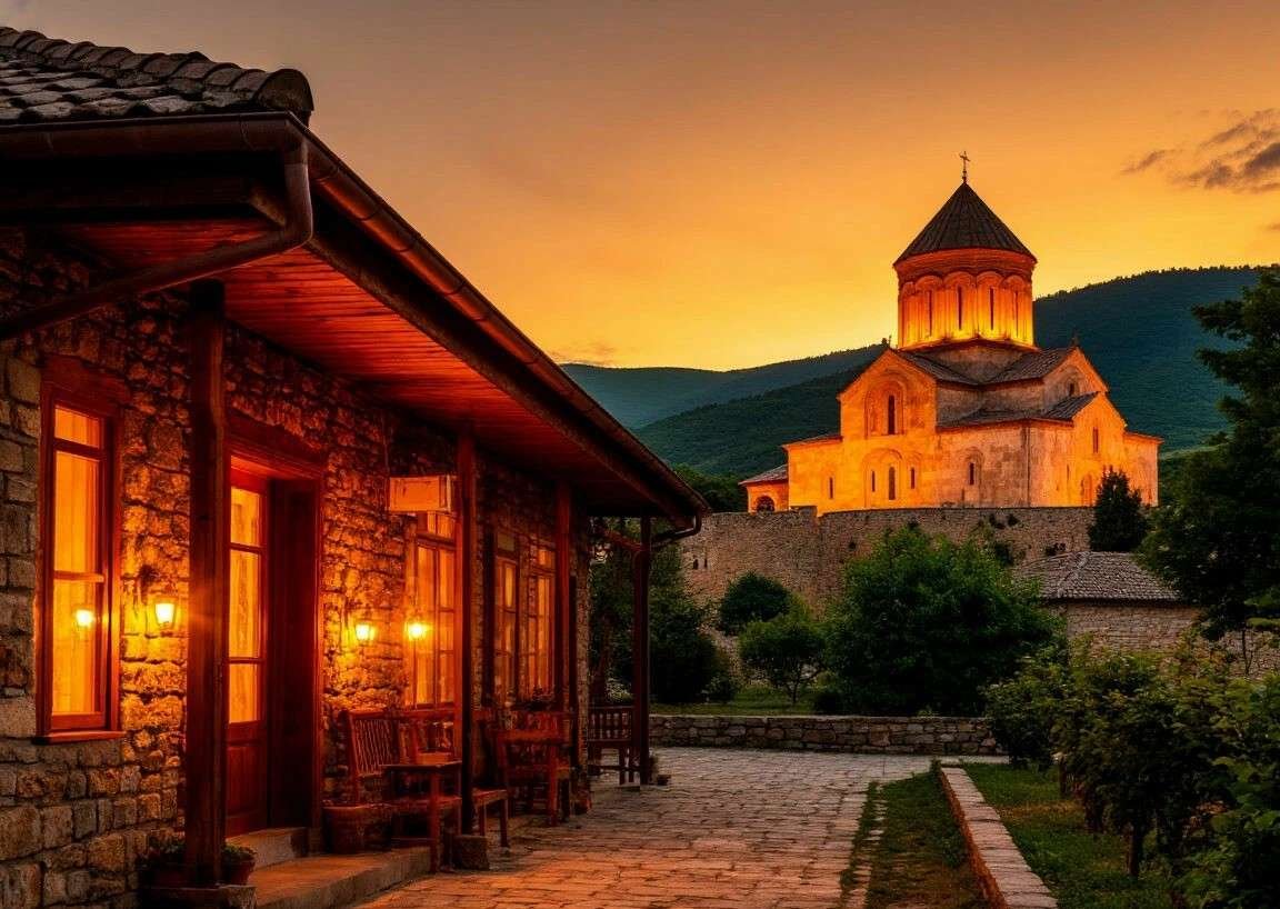 a cozy traditional guesthouse with stone and wood facade, warm glowing windows, the iconic Svetitskhoveli Cathedral illuminated by soft golden sunset light