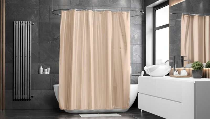 Beige closed front shower curtain