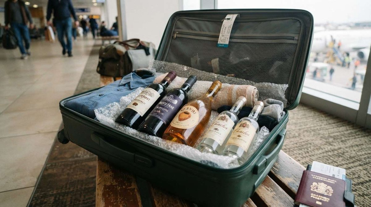 An open suitcase with wine and chacha bottles wrapped in bubble wrap alongside folded clothes, a passport and boarding pass nearby, and planes visible through the terminal window.