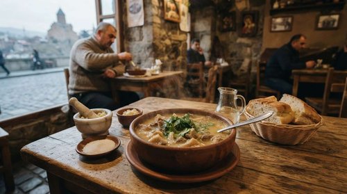A steaming bowl of hashi topped with herbs, served with a mortar of garlic, salt, and fresh bread, with diners seated in a stone-walled café overlooking the river.