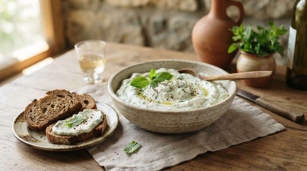 A bowl of creamy herbed cheese garnished with mint sits beside bread slices, one spread with the cheese, and a glass of white wine on a rustic table.
