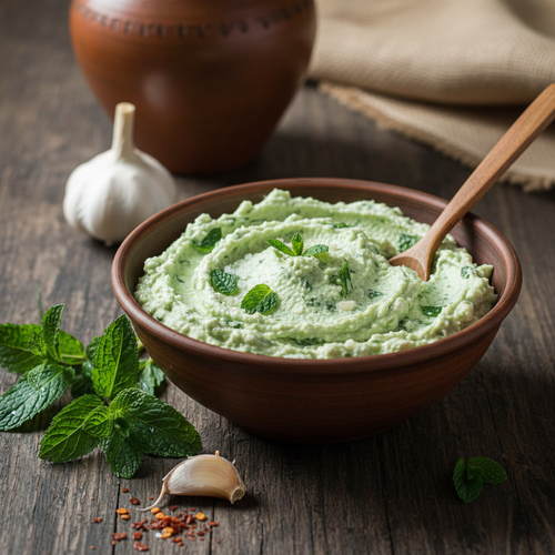 A clay bowl holds pale green whipped cheese swirled with mint leaves, with a wooden spoon, garlic cloves, and chili flakes on the table beside it.