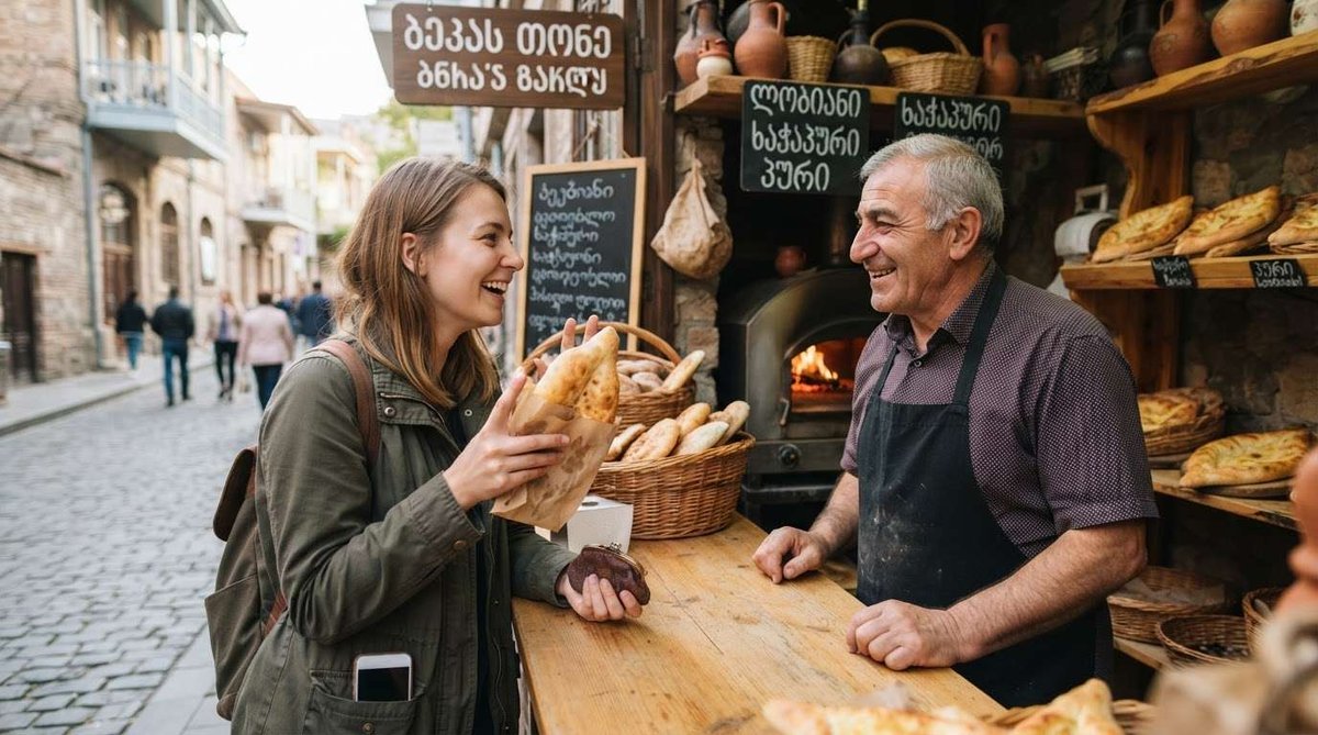 A traveler buys fresh bread from a smiling baker at a street stall, no phone or translator app in sight, just basic Georgian phrases.