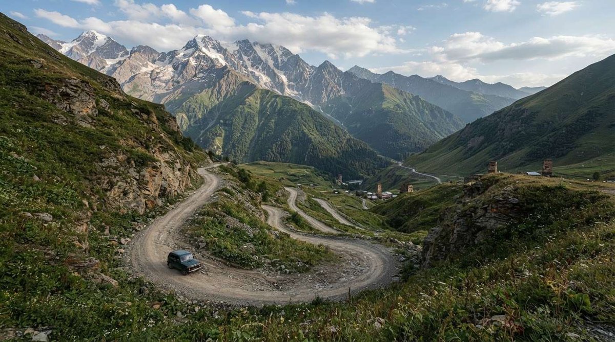 A car navigating a switchback gravel road through a mountain valley, with snow-capped peaks and traditional stone towers of a Svan village in the distance.