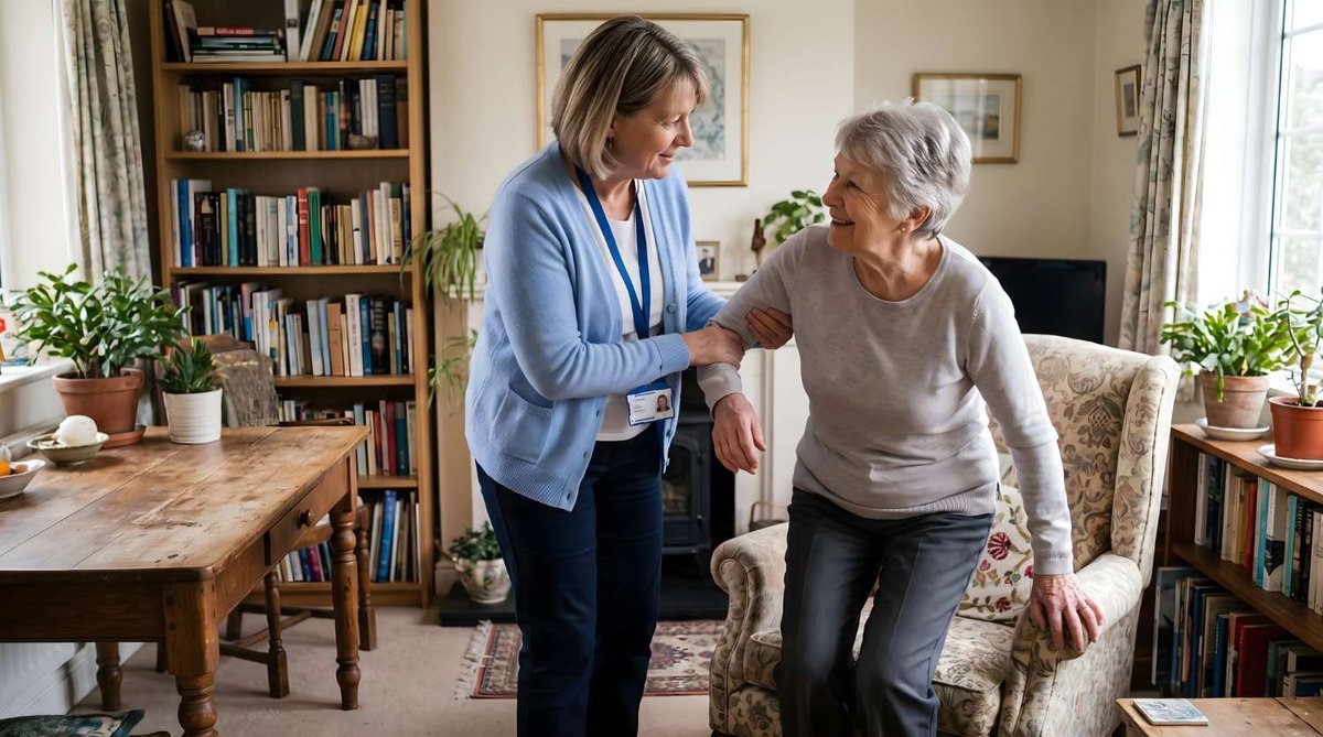 A caregiver wearing a lanyard helps an older woman rise from a floral armchair in a book-lined living room.