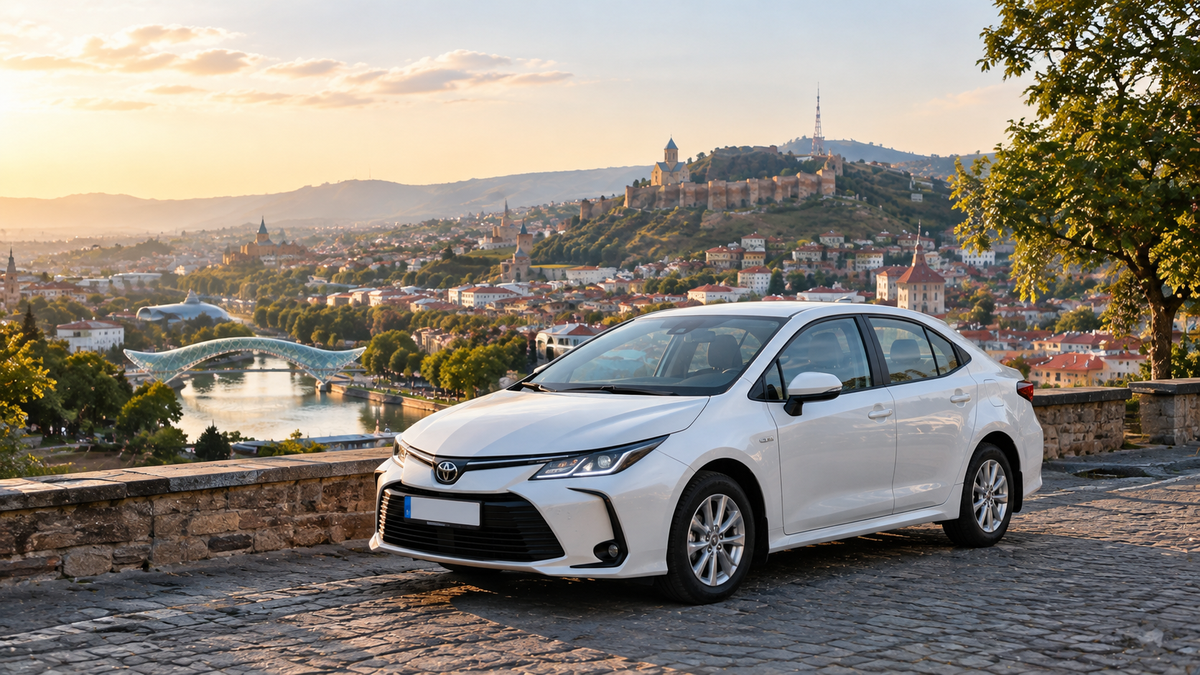 A white liveried carsharing sedan parked on a cobblestone overlook, with Narikala Fortress, the Peace Bridge, and the Mtkvari river visible below at sunset.