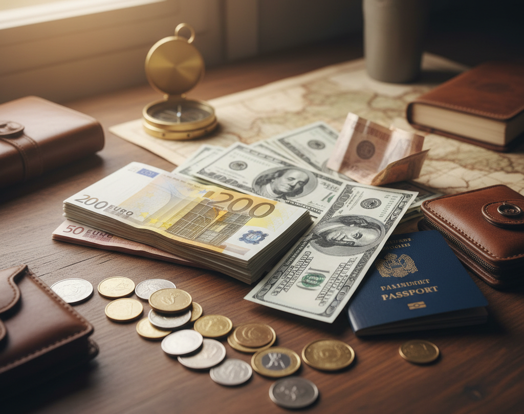 Euro and dollar bills, coins and a passport sit ready on a desk beside a map and compass, illustrating how much cash to carry across the border.