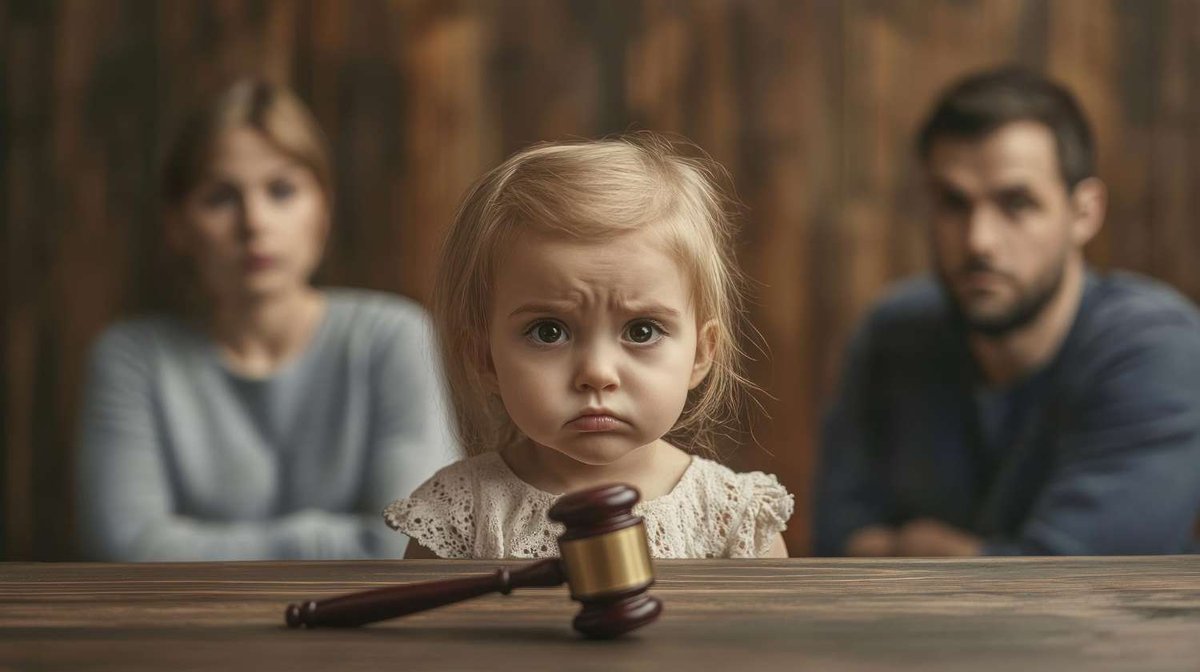 A worried young girl sits at a table with a judge’s gavel in front of her, with her mother and father seated apart in the background.