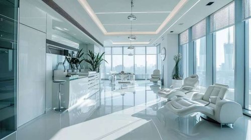 A clean and modern podiatry clinic interior, bathed in natural daylight, equipped with specialized foot care stations