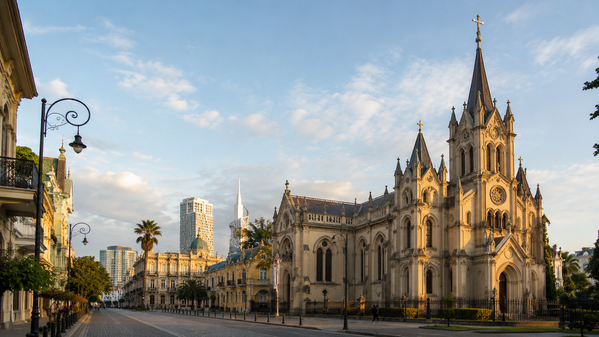 The neo-Gothic Nativity Cathedral stands in central Batumi as the starting point for a route through the city’s sacred places.