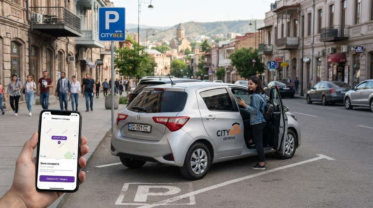 A woman ending a trip with a CityBee app on her phone beside a parked carsharing car on a cobblestone street, with a phone showing the app’s return-zone map in the foreground.