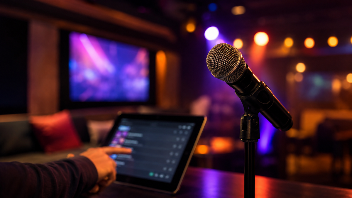 Close-up of a karaoke microphone with a song list on a tablet and colourful stage lights.