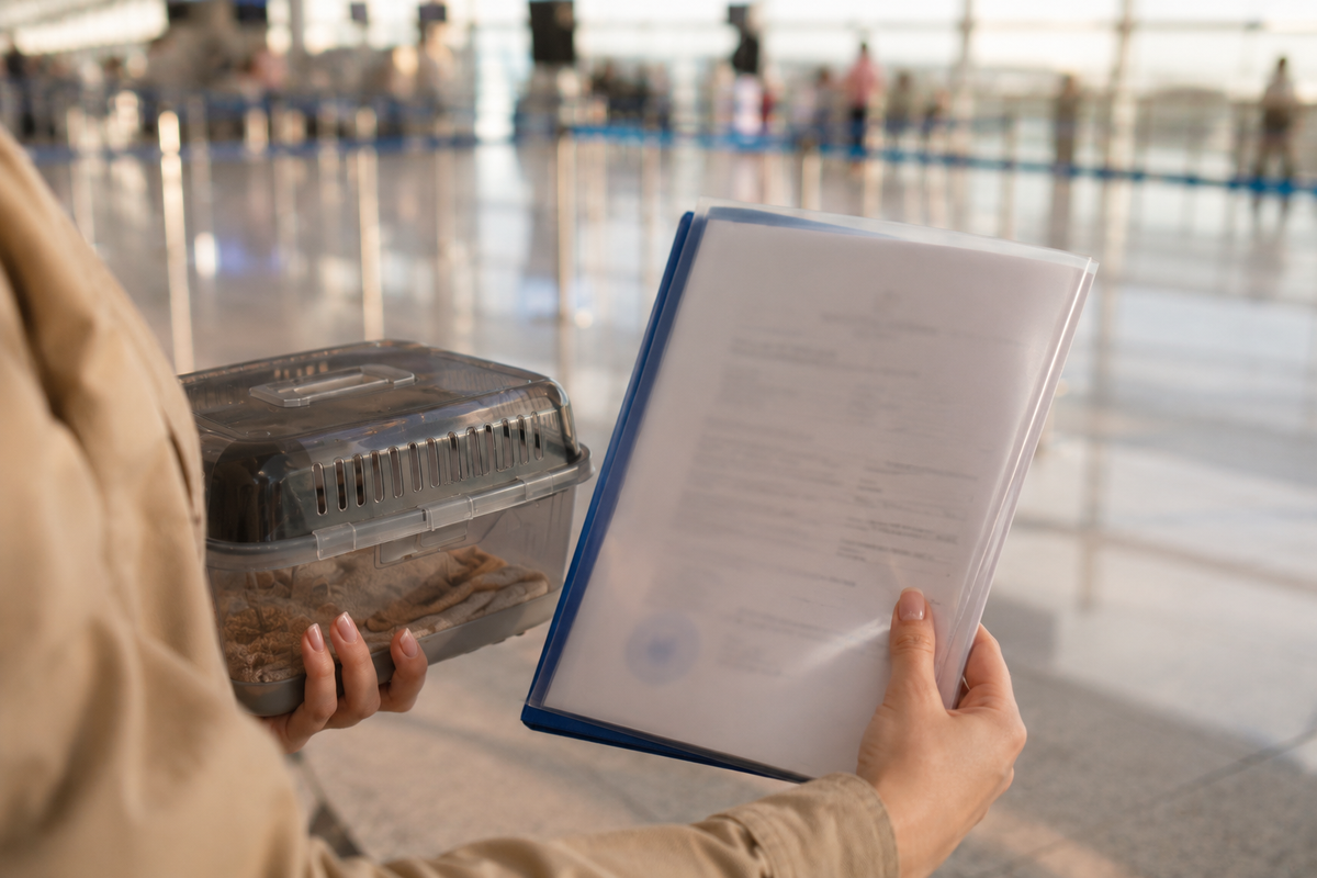 Close-up of hands holding a ventilated pet travel carrier