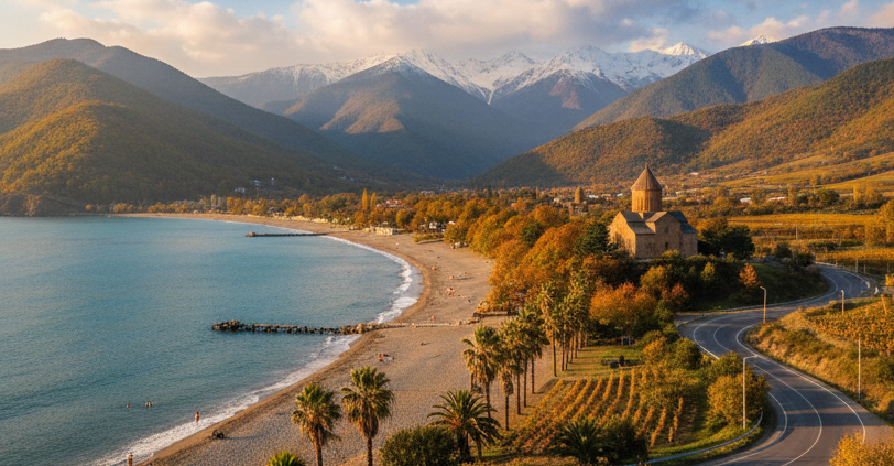 A short caption: golden autumn light falls over a quiet Black Sea beach and coastal road, with snow already dusting the Caucasus peaks just behind the shore.